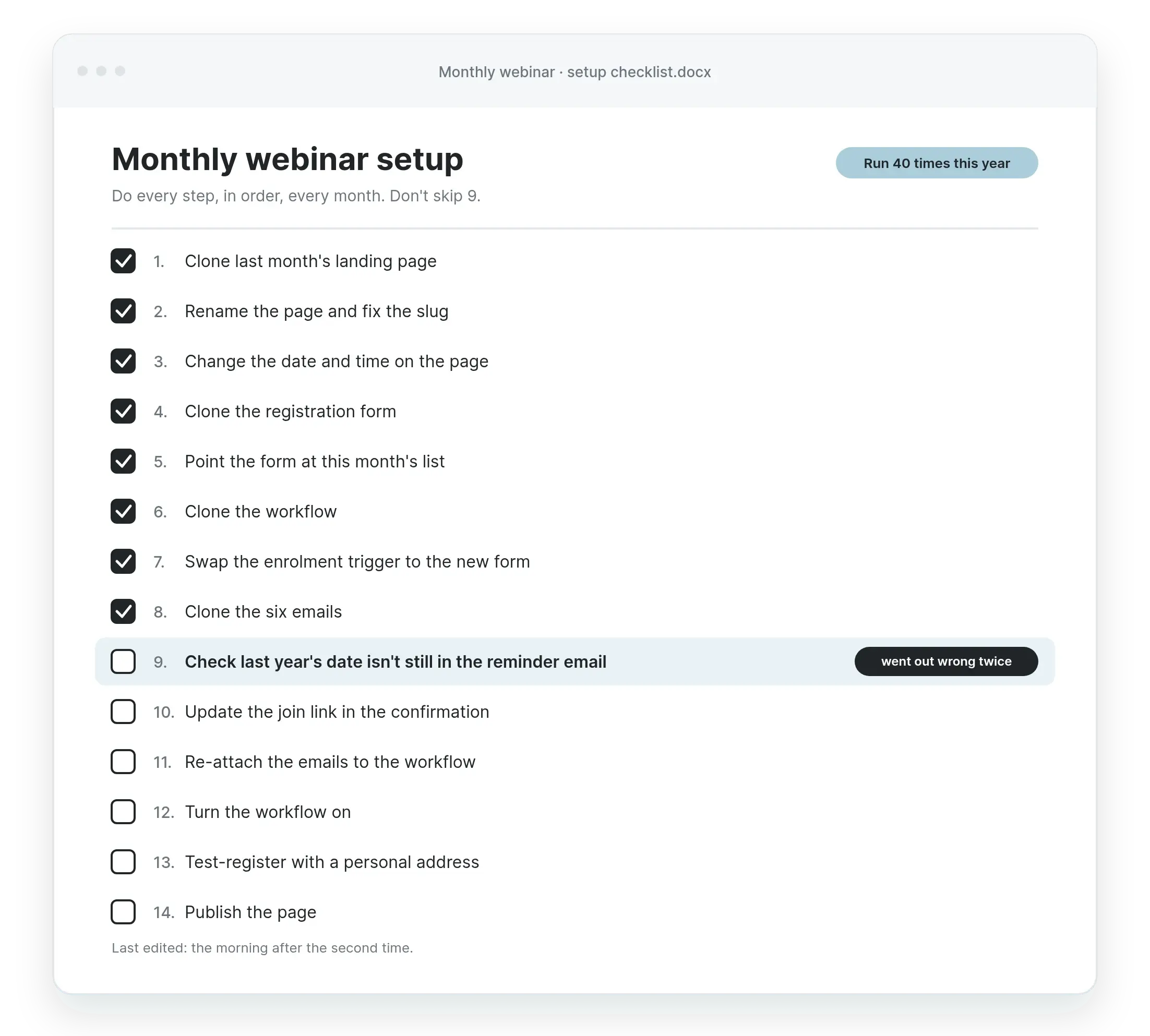 A 14-step monthly webinar setup checklist, ticked to step 8, with step 9 highlighted: check last year's date isn't still in the reminder email
