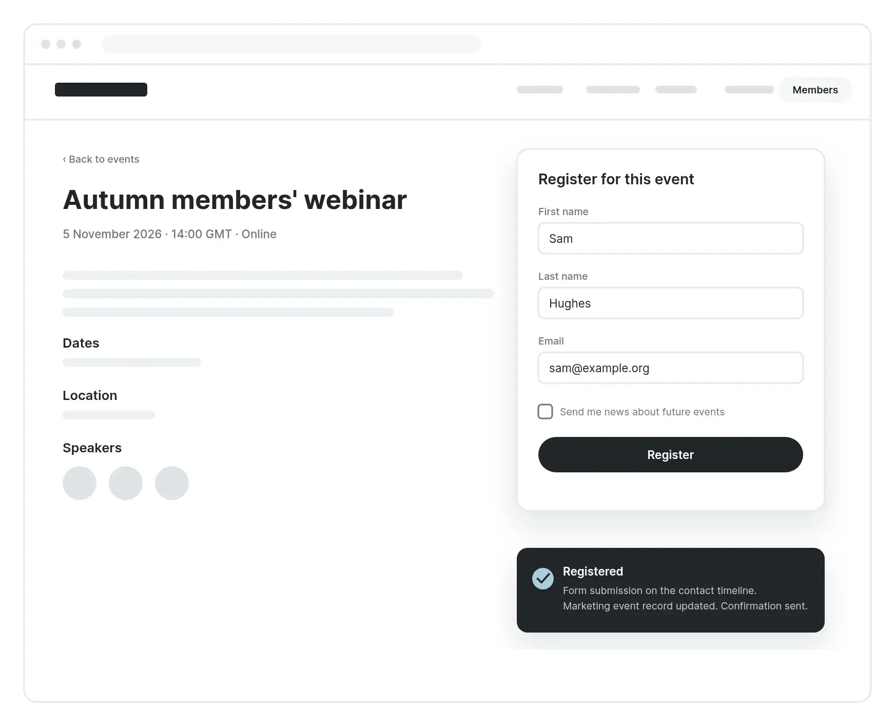 An event page with the registration form, and the form submission logged in HubSpot