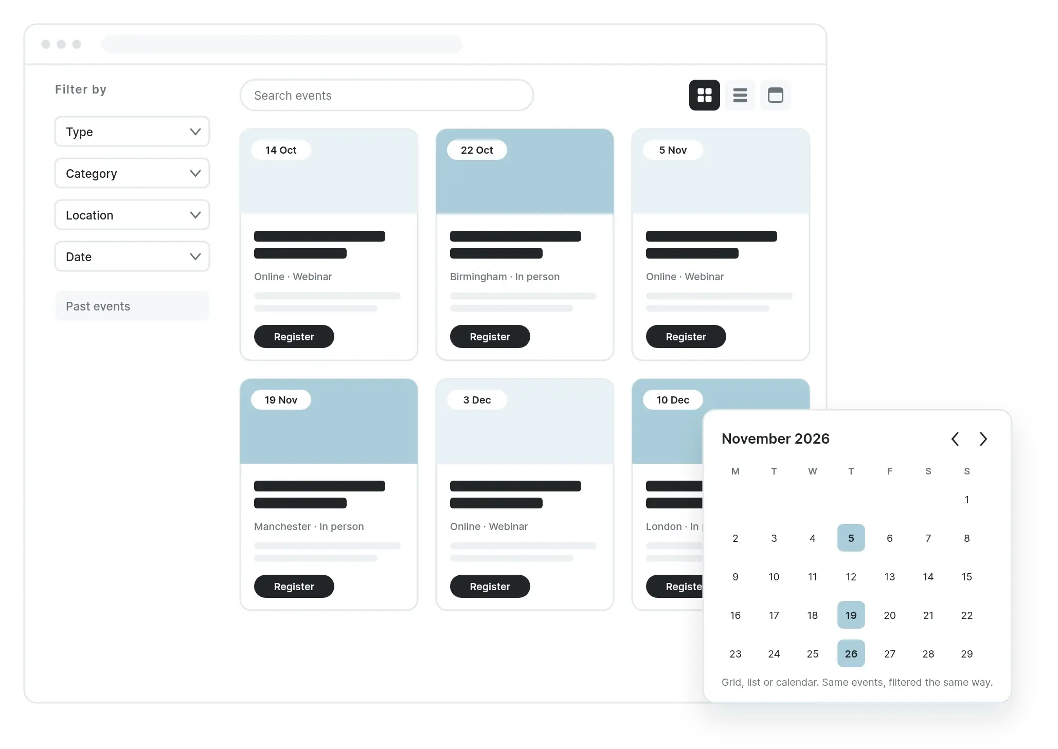 Events listing with filters, grid view and a calendar view